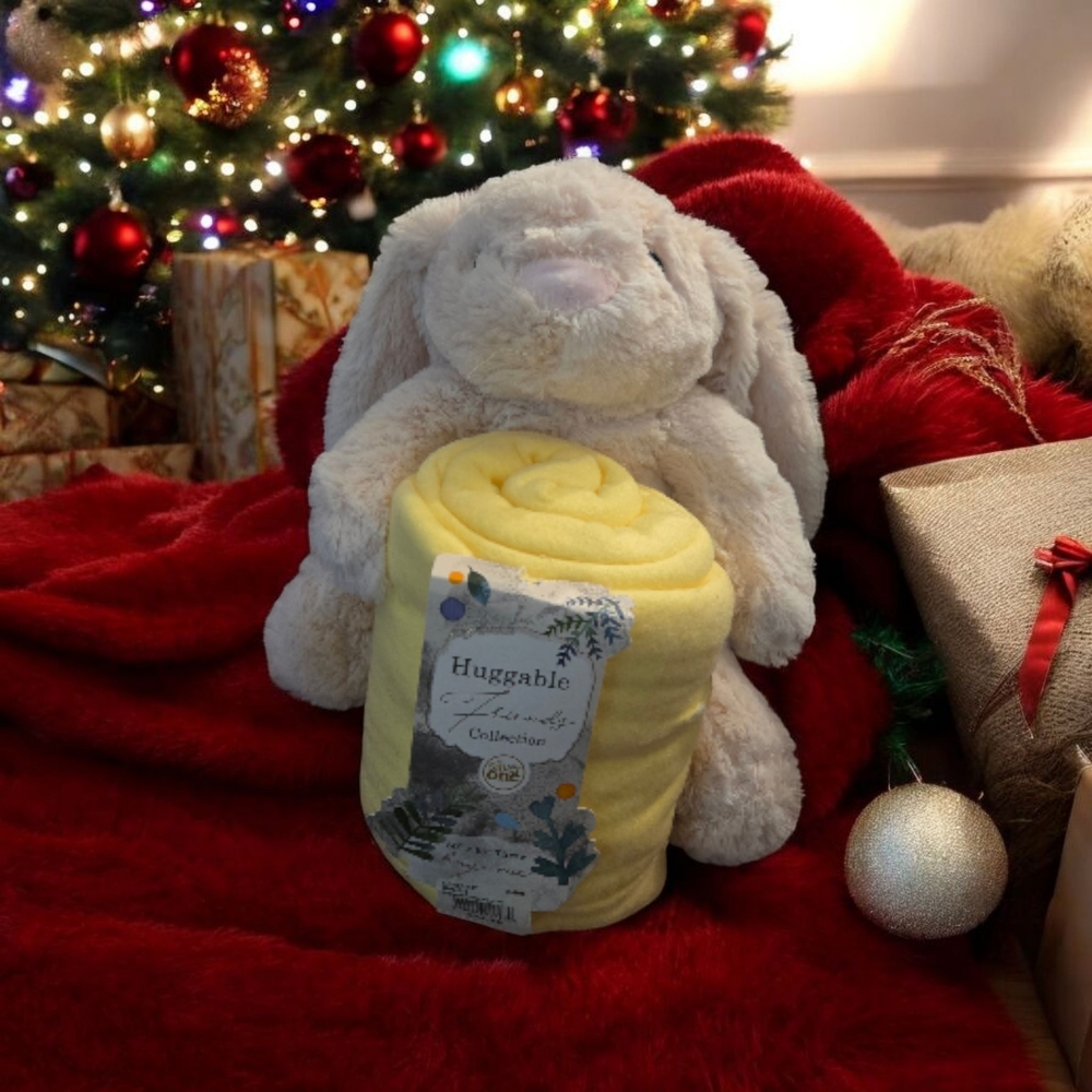Yellow Huggable Blanket with Plush Bunny